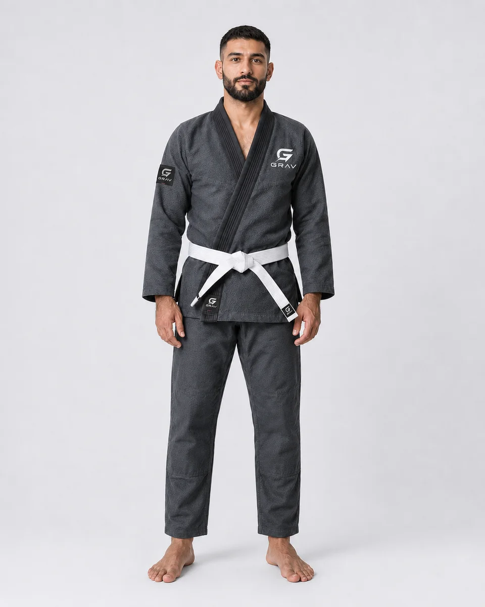 GRAV Origin 550 BJJ gi in Slate grey, worn with a black belt